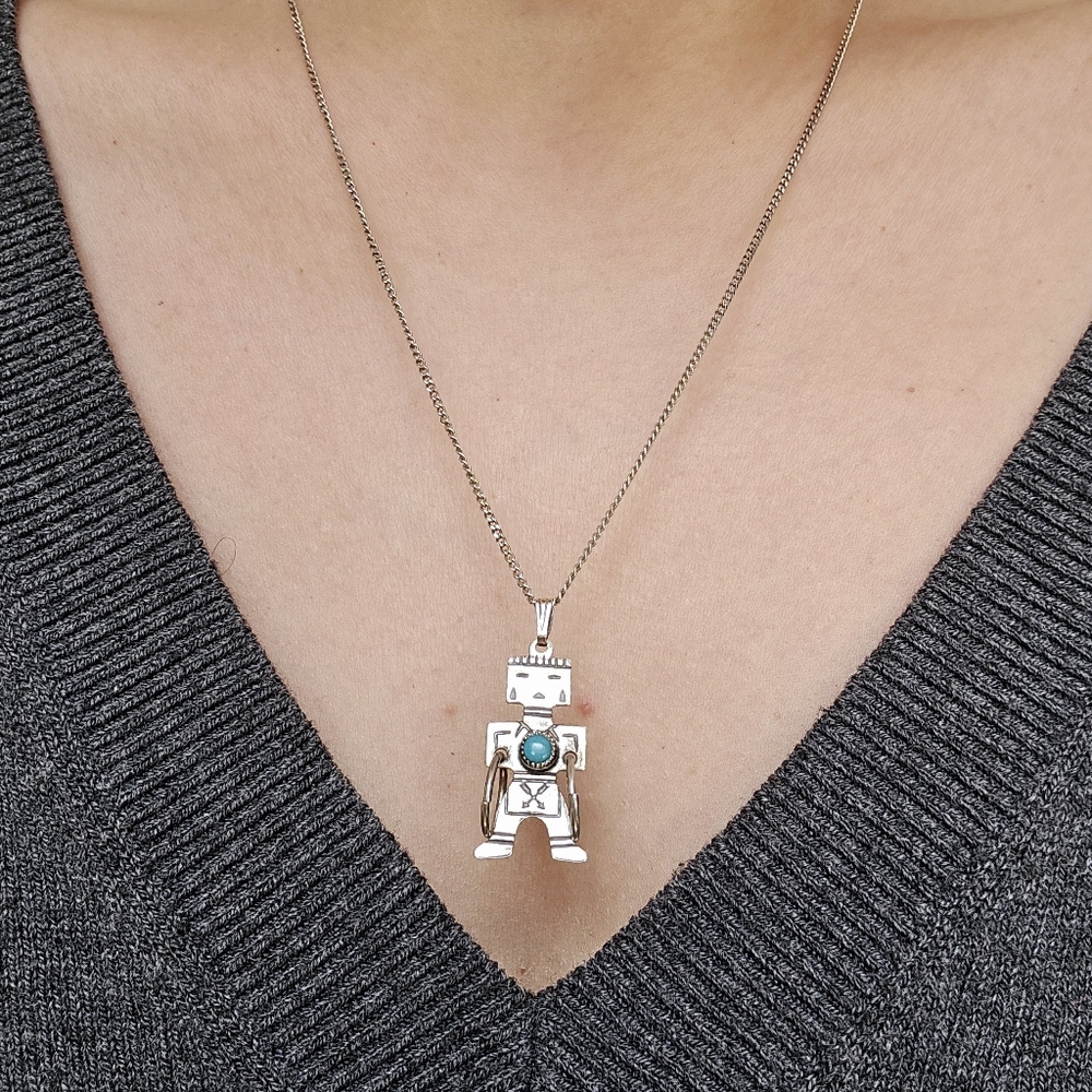 Vintage 925 Sterling Silver Navajo Native American Turquoise Tribal Man Necklace - Picture 2 of 15